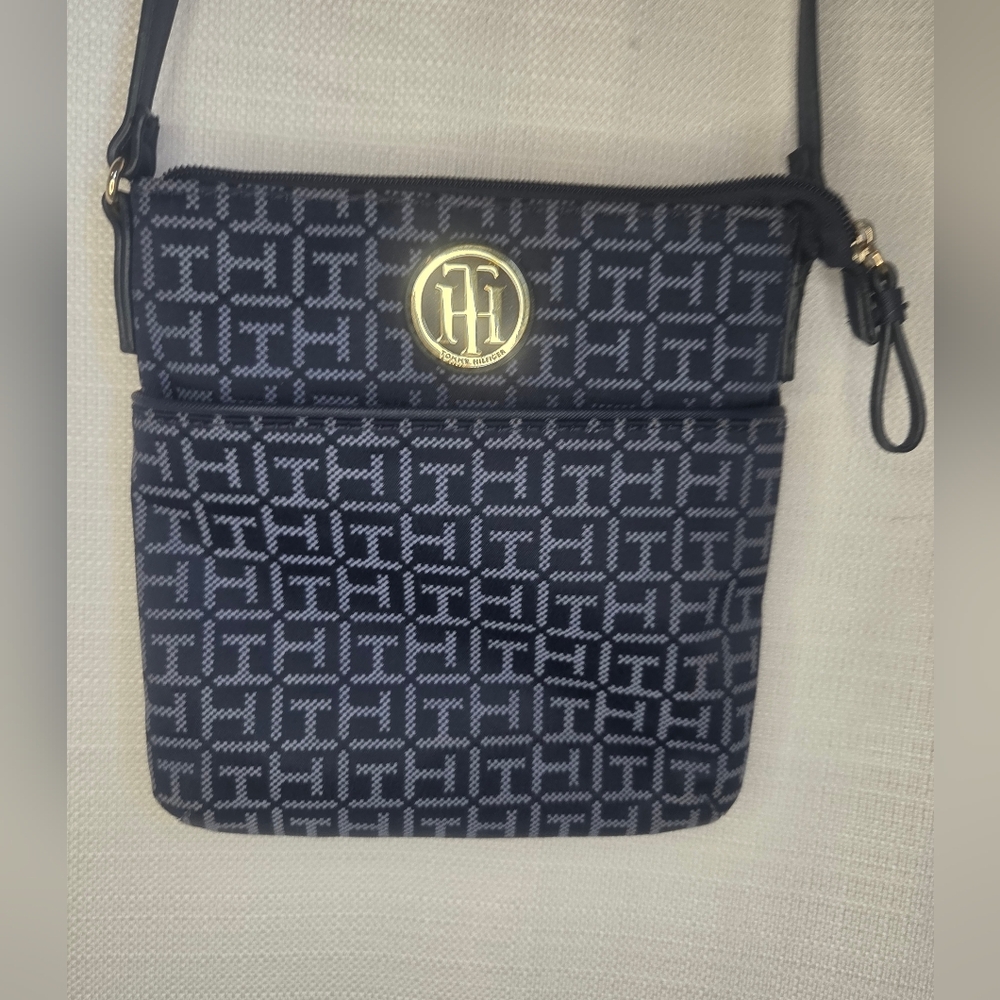 Tommy Hilfiger Square Navy Blue Signature Fabric Vegan Leather Crossbody Bag